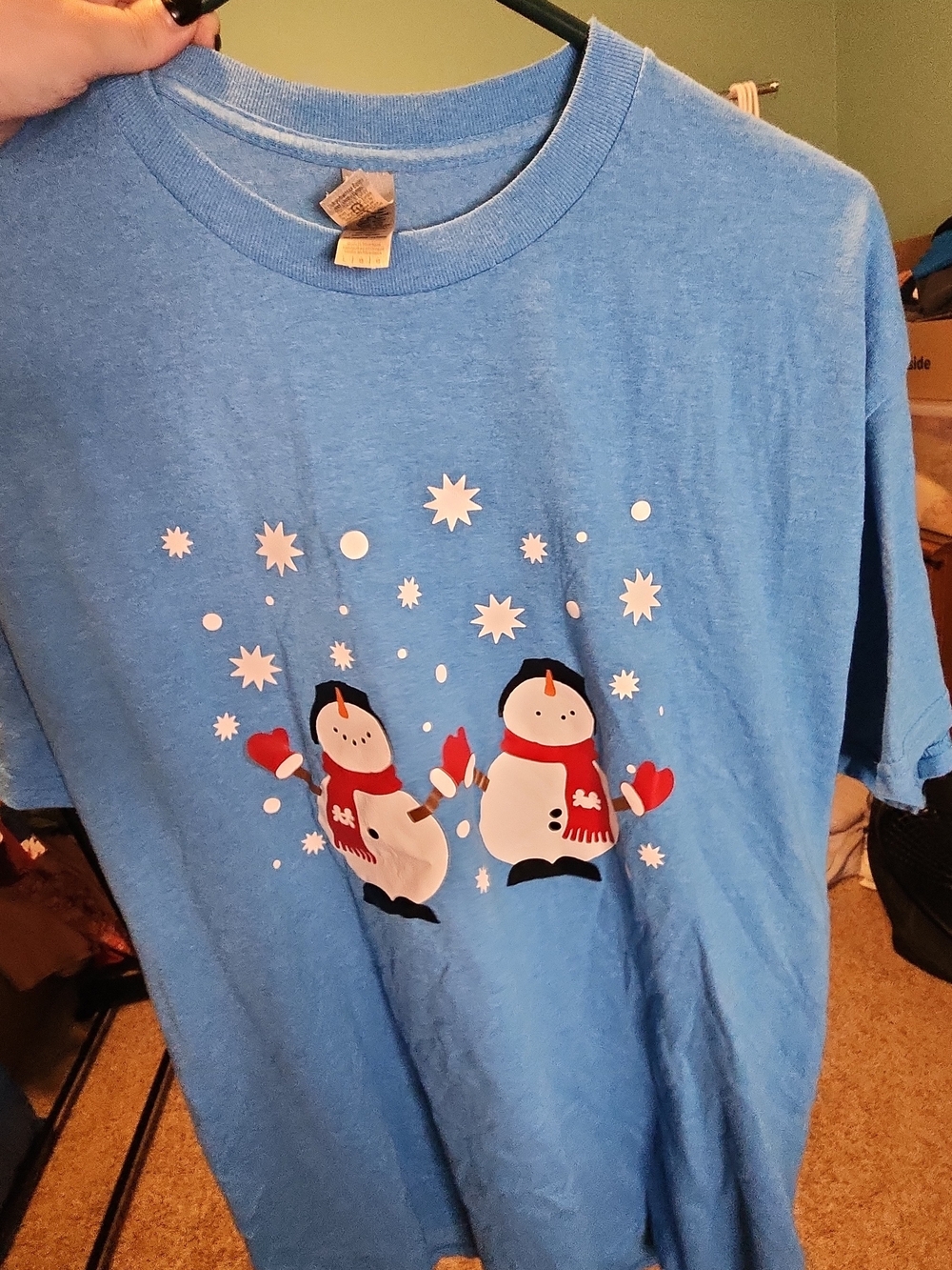 Handmade Snowman Christmas Graphic Tee Blue Gildan Heavy Cotton Size Large